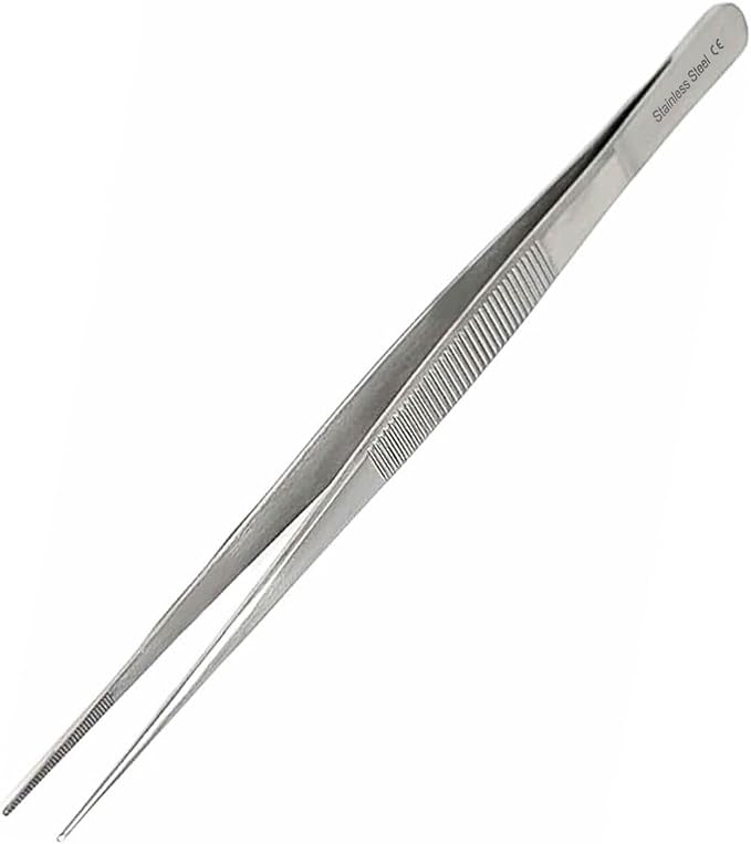 Professional Culinary Stainless Steel Precision Tongs with Serrated Tips, Plating/Food Presentation Detailing Serving Tongs, Chef's Kitchen Tweezer Tongs - Ultra Non-Slip Grip (8" STR Slim)