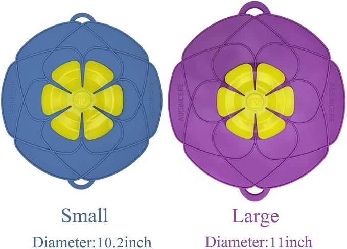 Spill Stopper Lid, Anti Spill & Boil Over Safeguard, Silicone Pot Cover, Multi-Function Kitchen Tool (11"(Purple)+10.2"(Blue))