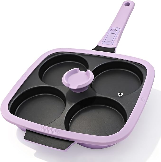 RANX INGST 4-Cup Egg Pan Nonstick with Lid 10 Inch Large Pancake Pan,Purple | Detachable Handle, Omelette Skillet Induction Compatible for Breakfast