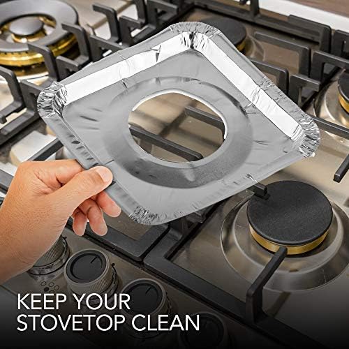 Disposable Gas Burner Liners (50 Pack) Aluminum Foil Square Gas Stove Burner Covers - 8.5 Inch Gas Range Protector, Stove Top Covers for Gas Burners, Foil Liners to Catch Oil, Grease, and Food Spills