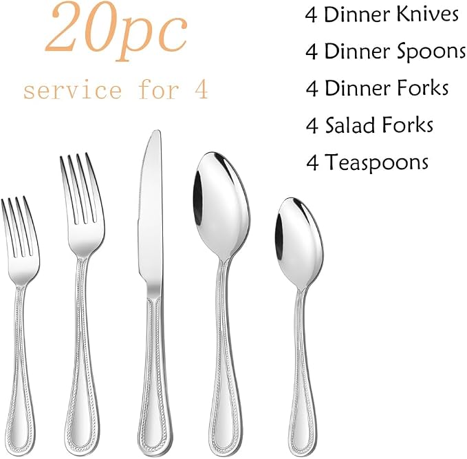 HaWare Silverware Set, 20PCS Pearled Edge Stainless Steel Flatware for 4
