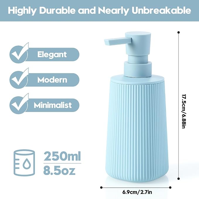 YAUKPH Small Soap Dispenser for Bathroom and Kitchen Light Blue | Modern Farmhouse Striped Style Plastic Hand Soap Dish Soap Dispenser with Pump