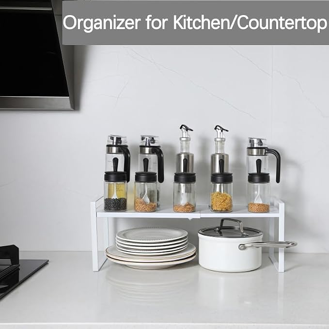 Expandable Cabinet Shelf Organizer Riser for Kitchen Pantry Cupboard Under Sink Countertop (white, 8.2’’D * 12.2-21.6’’W * 7.7’’H)