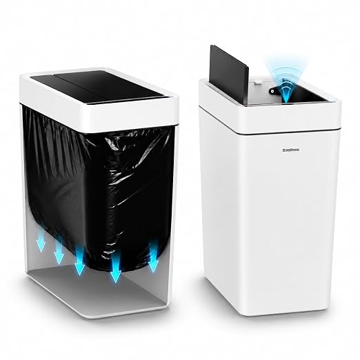 2.7 Gallon Slim Bathroom Touchless Trash Can, Automatic Smart Trash Can with Air-Press Bag Expander, Sensor Lid Waste Bin for Bedroom, Office & RV, White