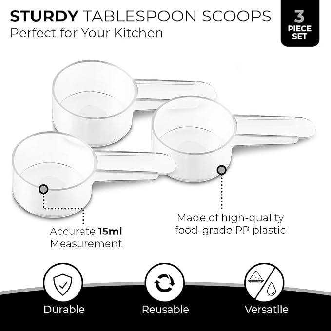 3 Pack Tablespoon Measuring Spoons, 1 Tbsp (15 mL) Plastic Coffee Scoops | Clear short-handle 1 tbsp scoops for coffee, loose tea, protein powder, spices, baking ingredients, and powdered supplements.