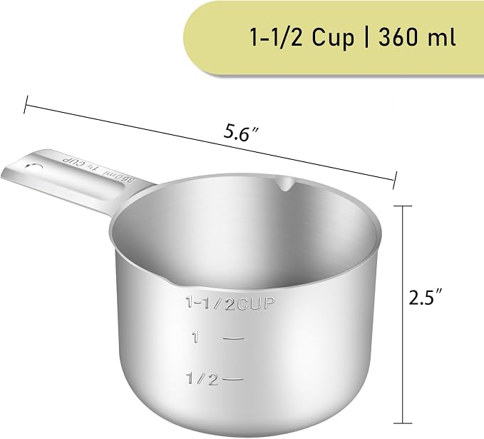 1PCS 1-1/2CUP(360ml) Measuring Cup, 18/8 Stainless Steel Measure Scoop | High Precision, Food-Grade 304 SS, ‌Rust-Free, Dishwasher-Safe, Easy-Read Markings, Multi-Purpose, Sturdy & Durable