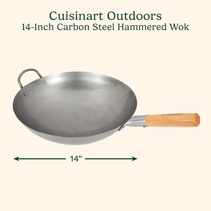 Cuisinart 14” Carbon Steel Hammered Wok, Traditional Round Bottom, Stir Fry Pan with Wooden & Helper Handle for Authentic Asian Cuisine, Wok Hei Cooking Perfect for Stir-Fry, Sauté & Deep Fry