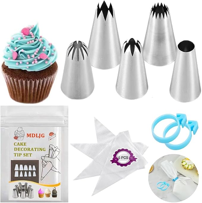 Extra Large Piping Tips, Seamless Stainless Steel Icing Piping Nozzle Tip Set, DIY Icing Nozzle Tool for Birthday Cake & Cupcakes, with a Cleaning Brush (1A 356 347 348 1E)