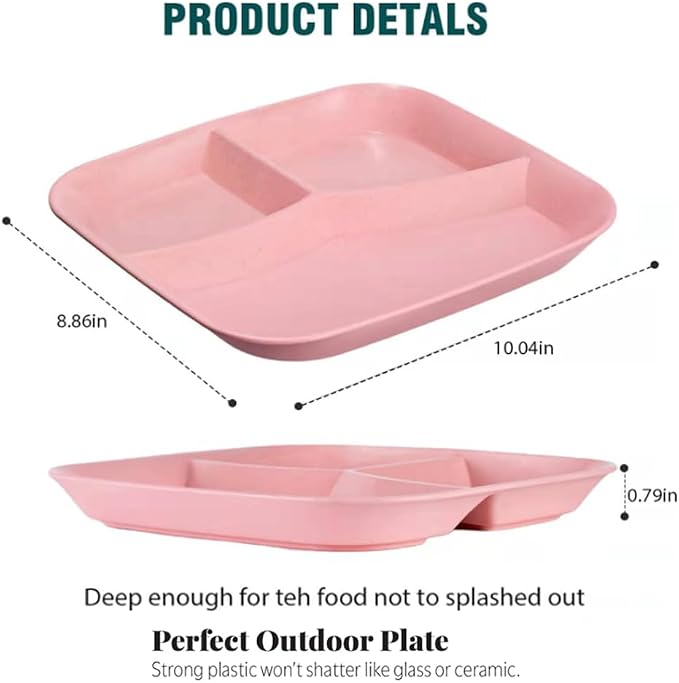 Unbreakable Wheat Straw Dinner Plates for Healthy Eating - 10 Inch Divided Portion Control Plates, 4 Pack BPA Free, Suitable for Kids & Adults, Perfect for Picnics