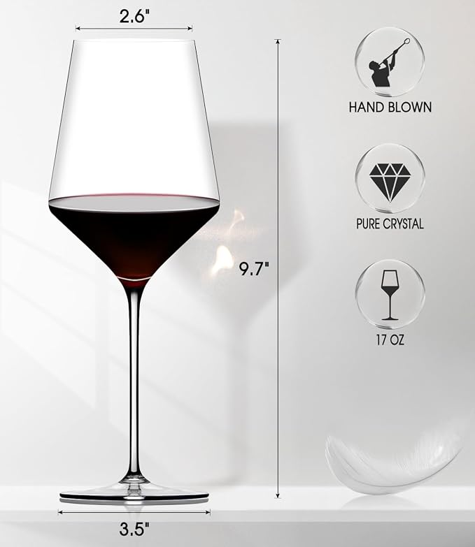 OJA Wine Glasses Set, Crystal Red Hand Blown Wine Glass, Set of 6, 17 oz | Long Stem, Thin Rim, Large, Tall, Premium, Perfect for Red or White, Daily Use, Unique Wedding Anniversary or Birthday Gift
