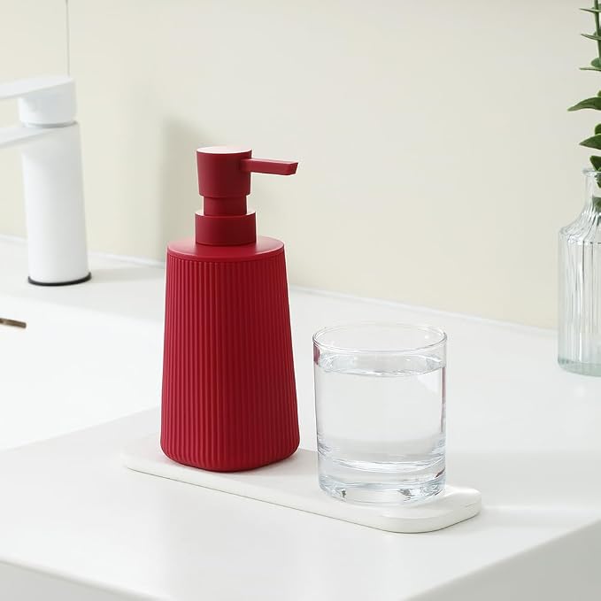 YAUKPH Small Soap Dispenser for Bathroom and Kitchen Matte Red | Modern Farmhouse Striped Style Plastic Hand Soap Dish Soap Dispenser with Pump