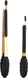 Stainless Steel Classic Kitchen Serving Food Party Gold Tongs 9" and 12" Cooking Tong with BPA Free Silicone Tips, Dishwasher Safe Serving Tools(set of 2)