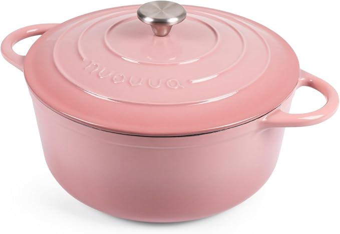 Nuovva Enamelled Cast Iron Dutch Oven Pot with Lid 6.4 Quart Non Stick Casserole Pot-Heavy Duty & Oven Safe up to 500° F for Bread Baking, Braising, Stews, Roasting - 28cm Pink