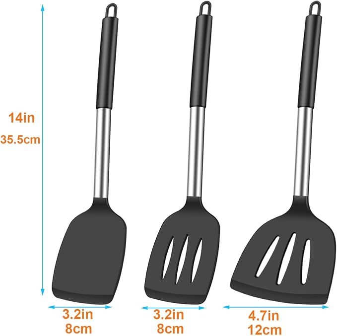 KLAQQED 3Pcs Silicone Spatula Set Heat Resistant Spatulas for Nonstick Cookware Fish Turner Plastic Spatulas Rubber Wok Spatula, Long Large Spatula Silicone Cooking Use Kitchen Utensils Set