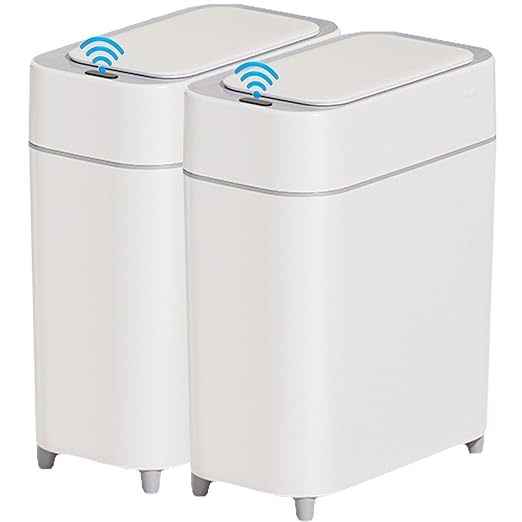 2-Pack - Bathroom Trash Can Automatic Touchless - Motion Sensor Garbage Can | 2 Gallon Waste Basket for Bedroom, Laundry room, Small Spaces - Narrow Automatic Trash Bin - White with Grey Edge