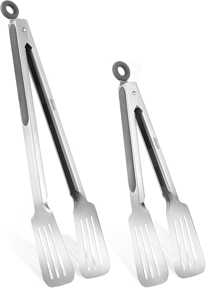 Tongs for Cooking, Set of 2 Metal Spatula Tongs for Grilling, Gray | 9 inch & 12 inch, Flat Spatula Head, Comfortable Handle, Strong Grip, Easy Pull Lock, Flipping Utensil