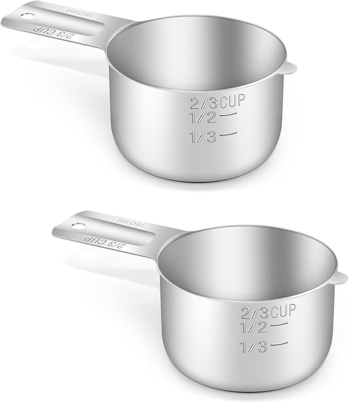 2PCS 2/3CUP(160ml, 5.3oz) Measuring Cup, 18/8 Stainless Steel Measure Scoop | High Precision, Food-Grade 304 SS, ‌Rust-Free, Dishwasher-Safe, Easy-Read Markings, Multi-Purpose, Sturdy & Durable