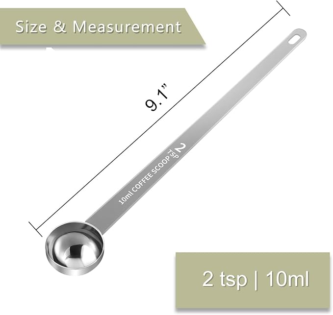 1PCS Extra Long Handle Coffee Scoop, 2Tsp(10ml) Measuring Spoon | 9.1" Length, Food-Grade Stainless Steel, Accurate Measurement, Dishwasher-Safe, Engraved Marking, Coffee Ritual Essential