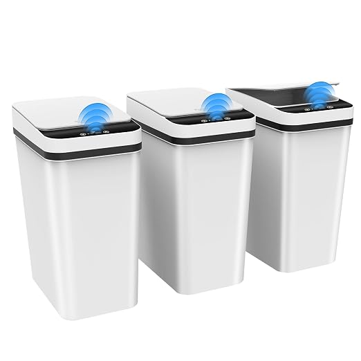 Kssvzz 3 Pack Automatic Small Bathroom Trash Can with Lid (2.5 Gallon) | White Touchless Garbage Can, Motion Sensor Smart Trash Bin, Slim Trashcan, Waterproof Plastic Wastebasket for Bedroom Office