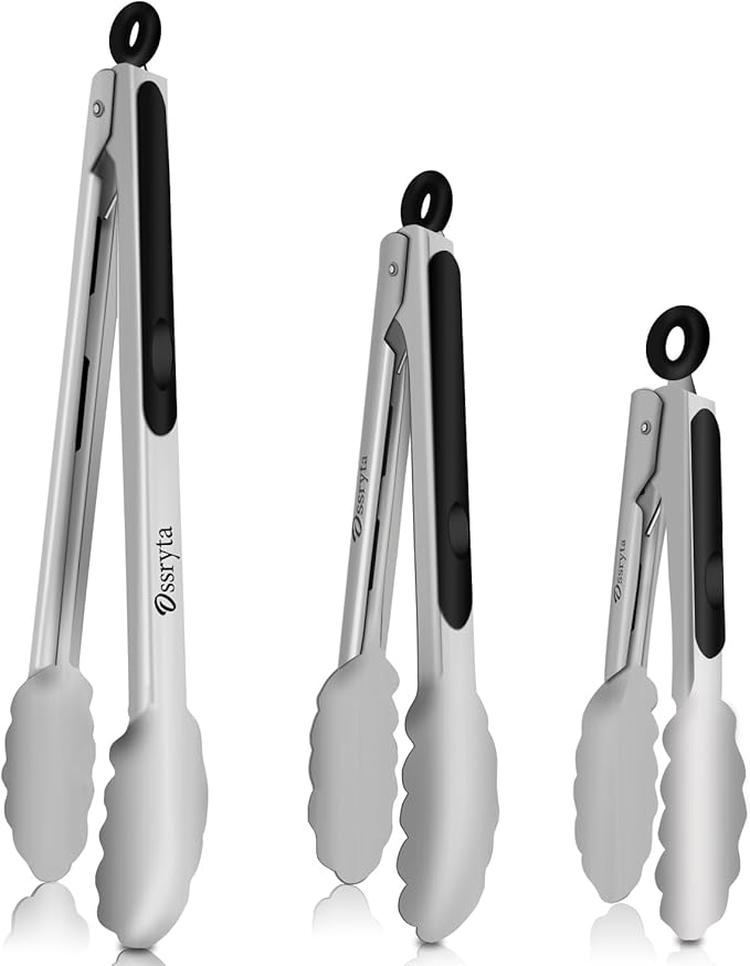 Stainless Steel Cooking Tongs Set of 3 - Heavy Duty 12/9/7 Inch Locking Tongs, Heat Resistant to 600 Degrees, Food Grade Kitchen Metal Tong for Food, Salad, & BBQ - Dishwasher Safe