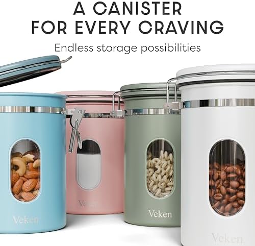 Veken Coffee Canister with Window, Airtight Stainless Steel Container,Date Tracker, Kitchen Food Storage Jars for Beans, Ground, Espresso, Rice,Tea, Sugar, Cereal, Gifts, Scoop, Blue, 22OZ (Pack of 2)