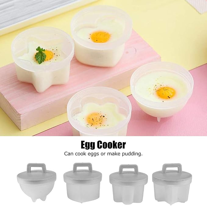 Boiled Egg Maker,4Pcs Plastic Cooker Boiler Pudding Mold with Oil Brush,Non-stick Poached Egg Cups,Fast Poaching Fun Design for Breakfast Kitchen Gadgets (Gray)