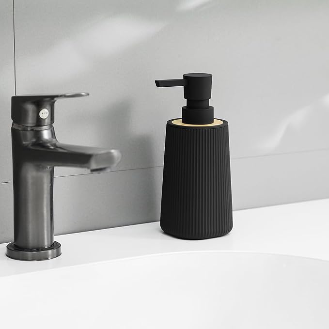 YAUKPH Small Soap Dispenser for Bathroom and Kitchen Bamboo Decor Black | Modern Farmhouse Striped Style Plastic Hand Soap Dish Soap Dispenser