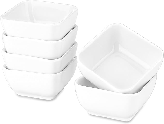 DELLING 6 Oz Porcelain Ramekins Set of 6, Square Souffle Dishes Oven Safe - White Ceramic Creme Brulee Ramekins for Baking, Dishwasher Microwave Freezer Safe Dessert Cups for Pudding Custard