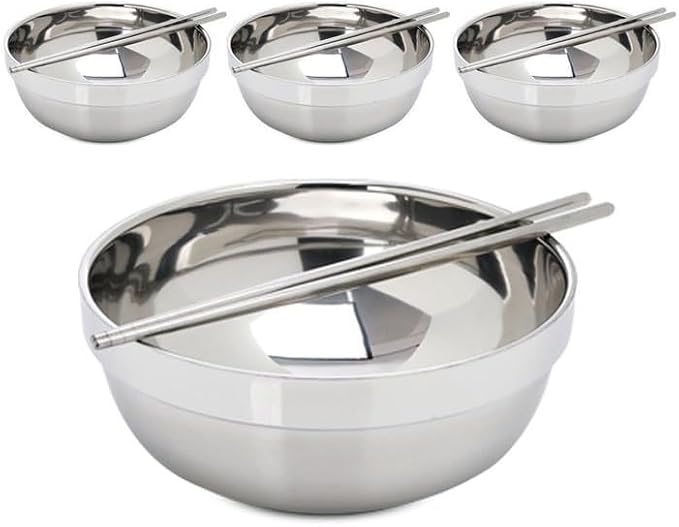 4 Pack 40 Oz Stainless Steel bowl set with chopsticks, Metal Double=walled Insulated noodle bowl, cereal, Ice Cream, Soup, Korean Ramen, 7 Inch
