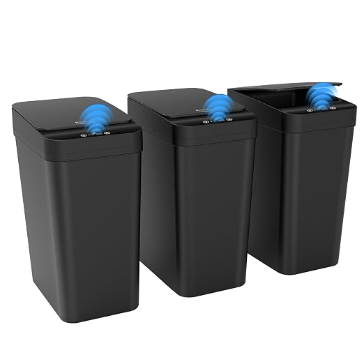 Kssvzz 3 Pack Automatic Small Bathroom Trash Can with Lid (2.5 Gallon) | Black Touchless Garbage Can, Motion Sensor Smart Trash Bin, Slim Trashcan, Waterproof Plastic Wastebasket for Bedroom Office