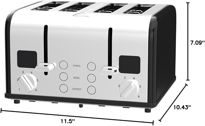 CUSIMAX 4 Slice Stainless Steel Toaster with Digital Display, Black | LED Display with Countdown Timer, 6 Browning Levels, Bagel/Defrost/Cancel, Dual Independent Controls, 1.5" Extra Wide Slots