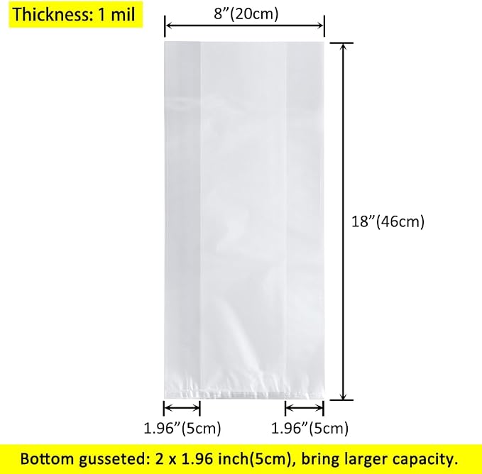 100 Pack Food Storage Bags with Ties - 8x4x18 Inch | Thick Clear Poly Bags Clear Bread Loaf Bags