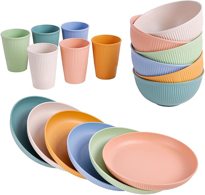 18pcs Wheat Straw Dinnerware Sets,HXYPN Unbreakable Reusable Dinnerware Set | Kitchen Cups Plates and Bowls Sets Dishwasher Microwave Safe Plates