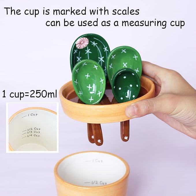 Cactus Measuring Spoons Set in Pot Ceramic Cute Measuring Cups and Spoons Unique Baking Gifts for Dry Wet Ingredients Dishwasher Safe 1 Tbsp 1 TSP 1/2 TSP 1/4 TSP 1 Cup Blue