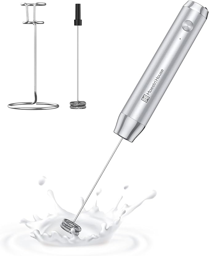 Maestri House LunaFro Rechargeable Milk Frother,Stand & 2 Detachable Whisks | 8000RPM Turbo Motor, 1200mAh lithium battery, Handheld Milk Frother for Lattes, Cappuccino, Matcha & Powdered Supplements