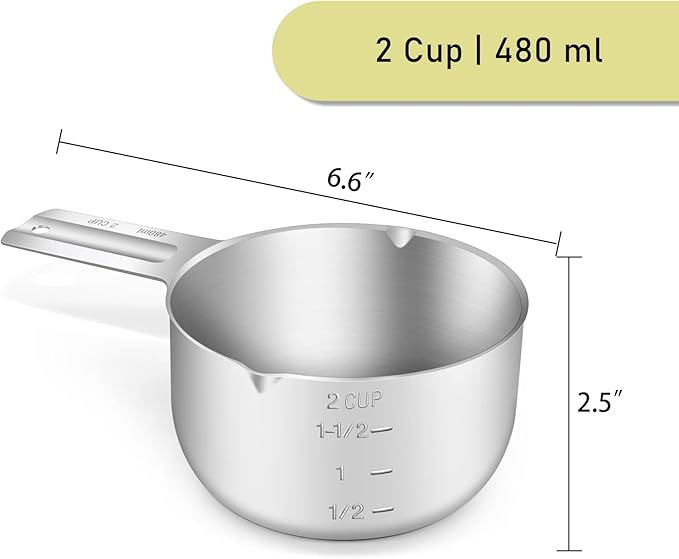 1PCS 2CUP(480ml, 16oz) Measuring Cup, 18/8 Stainless Steel Measure Scoop | High Precision, Food-Grade 304 SS, ‌Rust-Free, Dishwasher-Safe, Easy-Read Markings, Multi-Purpose, Sturdy & Durable