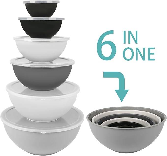 BoxedHome BPA Free Plastic Round Mixing Bowl with Lids, 12 Pack Nesting Bowls with Lids Set, Microwave and Dishwasher Safe Prep & Serving Bowls Great for Mixing, Baking, Serving (Grey, 12pcs)