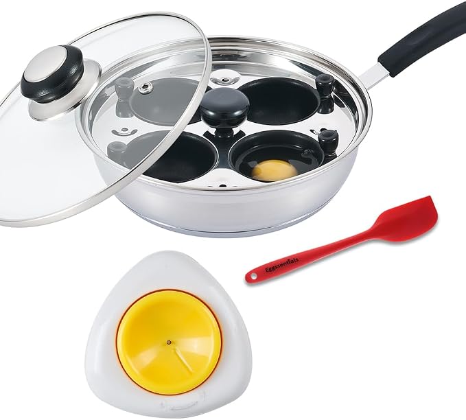 Egg Poacher - Eggssentials Poached Egg Maker, Stainless Steel Egg Poaching Pan, Poached Eggs Cooker Food Grade Safe PFOA Free with Spatula