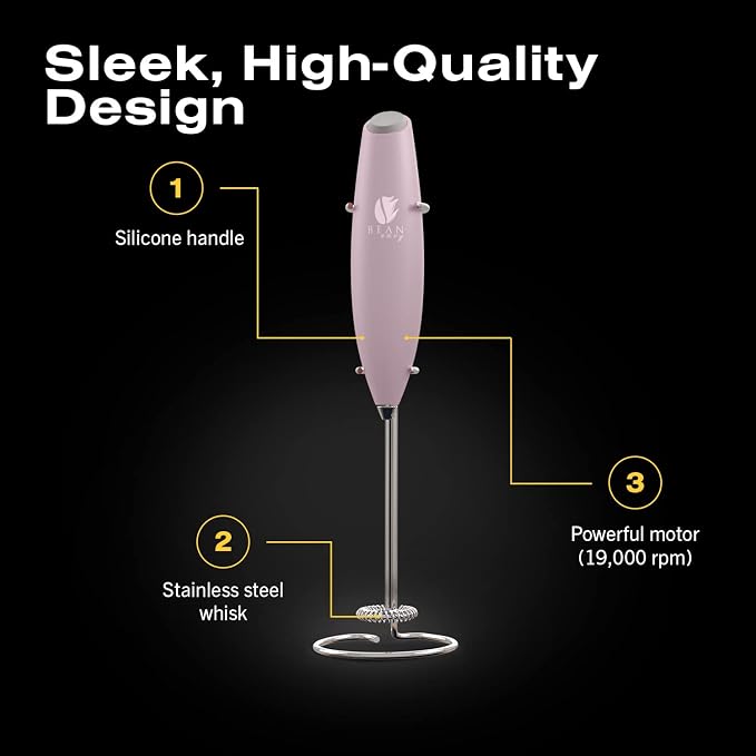 Bean Envy Milk Frother Handheld - Coffee Mixer Wand with Stand - Pink | Battery Operated, Stainless Steel Whisk, 19000 RPM, Protein Powder Blender, Electric Stirrer, Mini Foamer