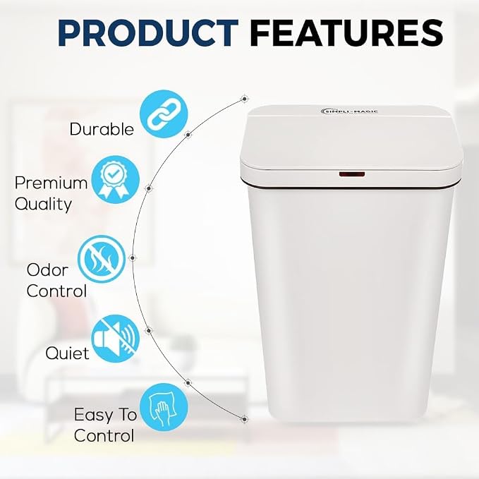 Simpli-Magic 13 Gallon (50L) Motion Sensor Touchless Trash Can – Automatic Hands-Free Garbage Can for Kitchen, Home, Office