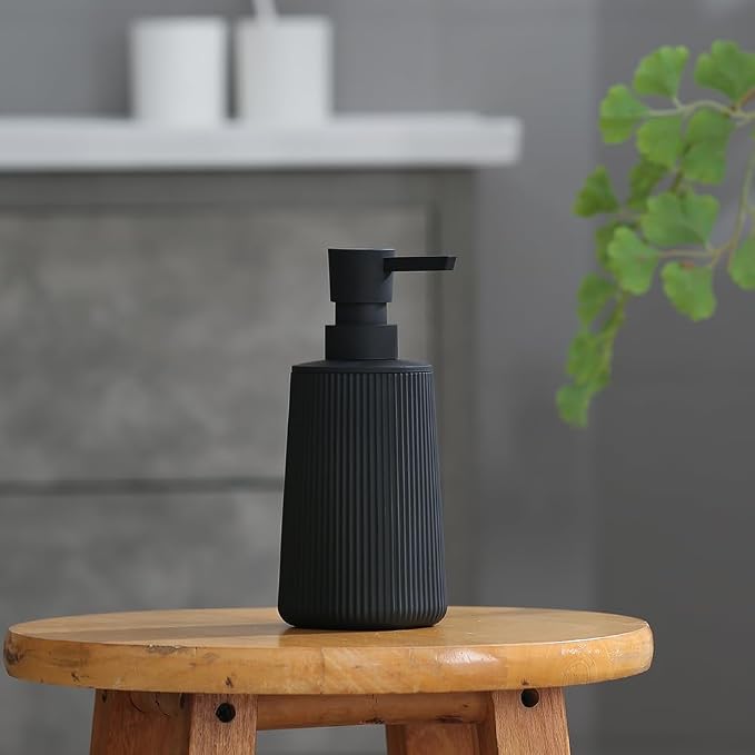 YAUKPH Small Soap Dispenser for Bathroom and Kitchen Matte Black | Modern Farmhouse Striped Style Plastic Hand Soap Dish Soap Dispenser with Pump