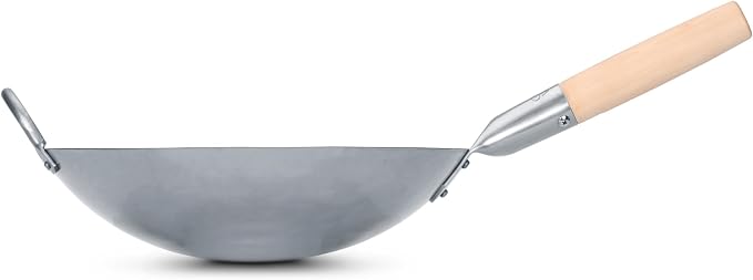 Craft Wok Traditional Hand Hammered Chinese Carbon Steel Wok with Wooden and Steel Helper Handle (12 Inch, Round Bottom Pow Wok Pan) / 731W88-12in