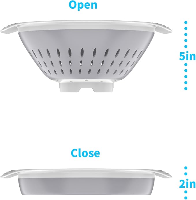 5 Quart Collapsible Colander，BPA Free，Dishwasher Safe，Silicone Food Strainer with Plastic Handles，Heavy Duty Foldable Heat Resistant Pasta and Veggies Kitchen Drainer Steam Basket，Gray