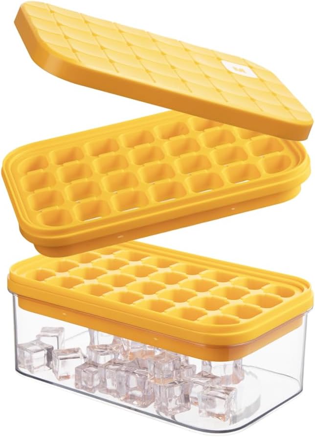 Brigii Ice Cube Tray with Lid & Storage Bin, 56 Cubes Ice Trays for Freezer | Silicone bottom easy release, press-to-pop, 2 trays 56 cubes, storage bin and scoop, BPA-free, stackable, for whiskey