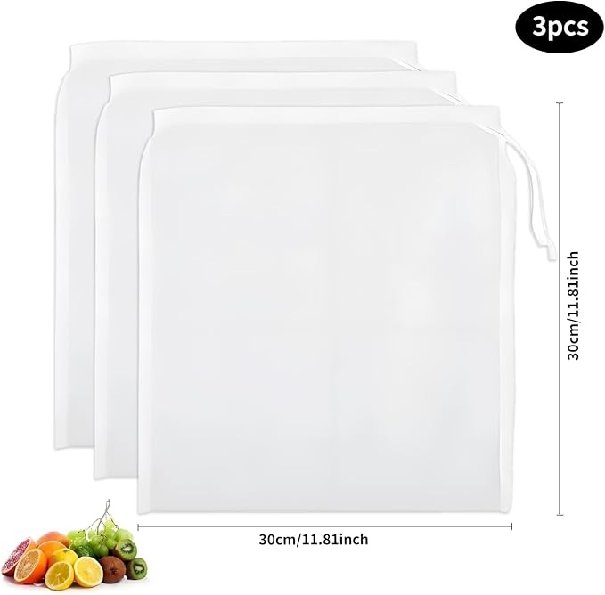 3PCS Cheese Cloth Bag for Straining, 200-Mesh 12 x 12 Inches Nylon Nut Milk Bag, Food Grade Nut Milk Bag Reusable, Cheese Cloth Bags for Juice, Nut Milk, Coffee & Cheese - Kitchen Goodies
