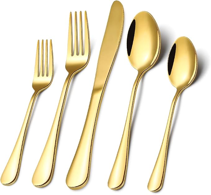 Gold Silverware Flatware Set for 8, 40 Piece Stainless Steel Cutlery Set With Titanium Golden Plated, Tableware Kitchen Utensil Include Spoons, Forks, Knives, Mirror Polished, Dishwasher Safe