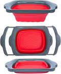 Comfify XL Large Kitchen Strainer - Collapsible Silicone Over-The-Sink Colander with Extendable Handles - Use with Pasta, Fruit, Berries & Veggie - 6 Quart - Red | Red silicone colander; 17.1 x 10.1 in; folds to 1.4 in; 6 Qt; handles extend 25 in; heat...