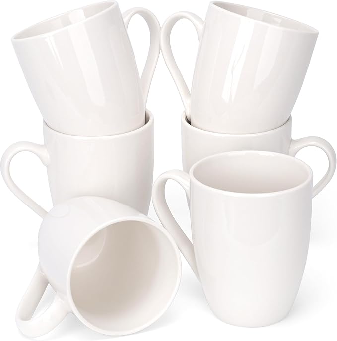6 Pack Ceramic Coffee Mugs Set, 12 OZ Porcelain, White | With Handle, Hot Tea, Americano, Mocha, Milk, Latte, Dishwasher Safe, Microwave Safe