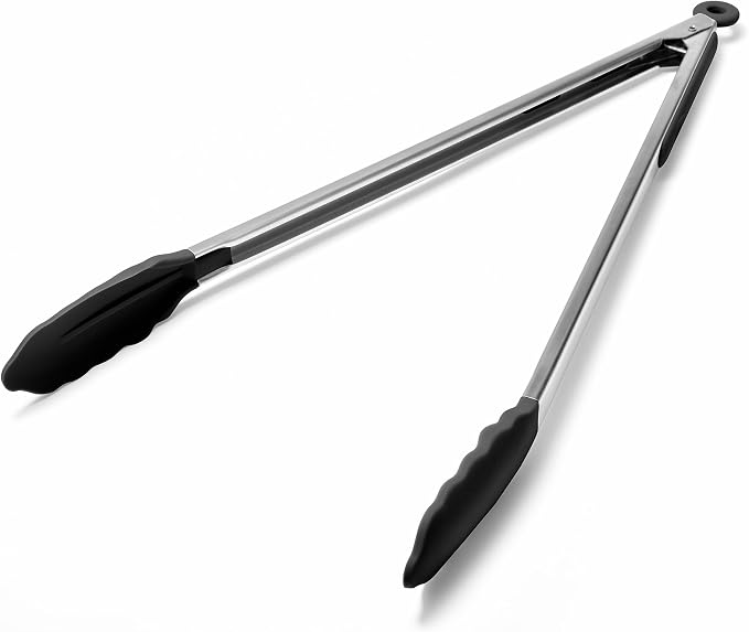 Doosu Kitchen Tongs with Silicone Tips for Cooking Serving (16in, Black) | 600°F Heat Resistant Food Tong, Heavy Duty Stainless Steel Locking Tong for BBQ, Grilling Steak, Salad, Toast, Pasta