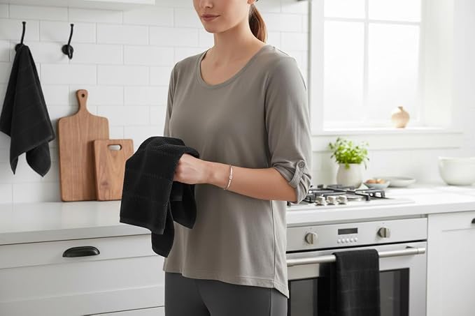Black Kitchen Hand Dish Towels, Set of 3, 100% Cotton, 18" x 28" | Terry Loop Textured, Soft & Absorbent Cleaning Cloth, Quick Dry, Multipurpose for Everyday Use